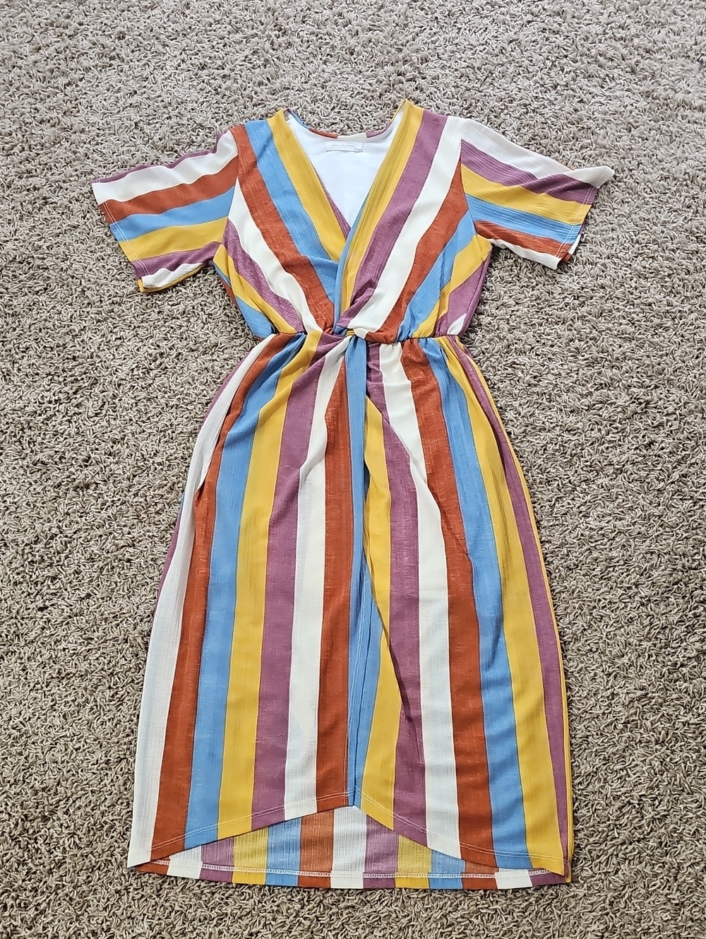 Almost Famous Dress Faux Wrap Pull On Multi-Colored Stripe Small Midi - Picture 2 of 5